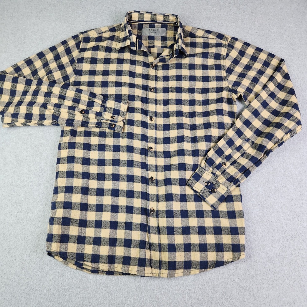 Truly Shirt Mens Medium Navy Tan Buffalo Check Long Sleeve‎ Collared Button Up